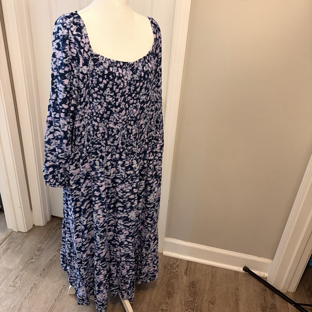 Terra & Sky 4X Blue Floral Smocked Tiered Maxi Dress Peasant Boho Flowy Casual